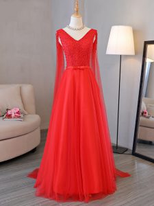 Fantastic Sleeveless Tulle Floor Length Lace Up Prom Evening Gown in Red with Lace and Belt
