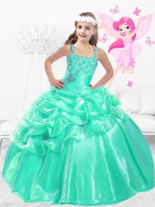 Turquoise Sleeveless Floor Length Beading and Pick Ups Side Zipper Little Girl Pageant Dress