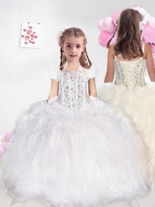 Fancy Floor Length Lace Up Little Girl Pageant Dress White for Wedding Party with Beading and Ruffles
