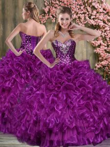 Eggplant Purple Lace Up Sweetheart Beading and Ruffles Quinceanera Dress Organza Sleeveless