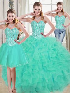 Organza Sweetheart Sleeveless Brush Train Lace Up Beading and Ruffled Layers 15 Quinceanera Dress in Turquoise