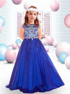 Luxurious Royal Blue A-line Bateau Cap Sleeves Taffeta Floor Length Lace Up Beading Pageant Gowns For Girls