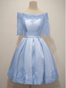 Light Blue Lace Up Wedding Party Dress Lace Half Sleeves Knee Length