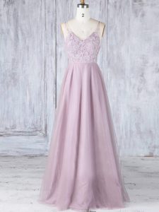 Pink Tulle Clasp Handle Vestidos de Damas Sleeveless Floor Length Lace