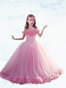 Nice Sleeveless Hand Made Flower Lace Up Little Girl Pageant Dress with Baby Pink Court Train