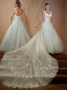 Stylish Lace Wedding Dresses White Lace Up Sleeveless Chapel Train