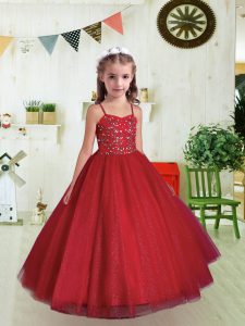 Perfect Floor Length Lace Up Kids Pageant Dress Wine Red for Party and Wedding Party with Beading