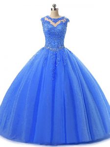 Discount Blue Lace Up Quinceanera Dresses Beading and Lace Sleeveless Floor Length