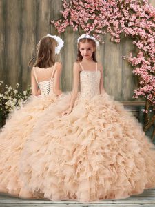 Perfect Champagne Lace Up Little Girl Pageant Dress Beading and Ruffles Sleeveless Floor Length