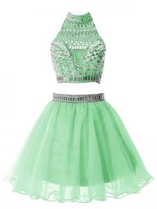 Free and Easy Apple Green Bridesmaid Dress Prom and Party and Sweet 16 with Beading Halter Top Sleeveless Zipper