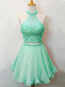 Sleeveless Organza Knee Length Lace Up Court Dresses for Sweet 16 in Apple Green with Beading
