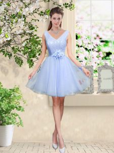 Knee Length Lavender Quinceanera Court Dresses Tulle Sleeveless Lace and Belt