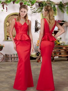 Smart Red Elastic Woven Satin Backless V-neck Sleeveless Floor Length Bridesmaids Dress Ruching