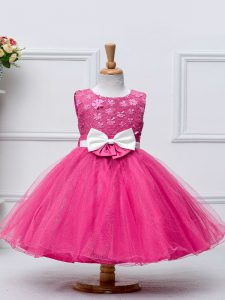 Pretty Hot Pink Ball Gowns Lace and Bowknot Little Girls Pageant Gowns Zipper Tulle Sleeveless Knee Length