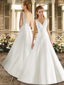 Spectacular Ruching Wedding Dresses White Backless Sleeveless Sweep Train