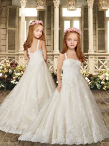 Sweet White Flower Girl Dresses for Less Wedding Party with Lace Straps Sleeveless Sweep Train Clasp Handle