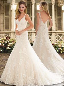 Pretty White Sleeveless Sweep Train Appliques and Embroidery Wedding Dress