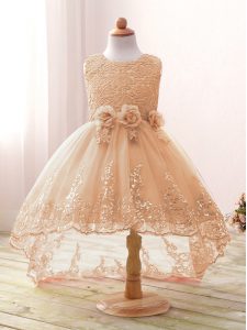 Sweet Sleeveless Zipper High Low Lace and Bowknot and Hand Made Flower Flower Girl Dresses