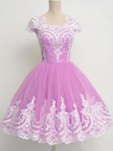 Unique Lilac Cap Sleeves Lace Knee Length Quinceanera Court of Honor Dress