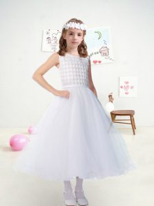 White Flower Girl Dresses Wedding Party with Ruching Scoop Sleeveless Zipper
