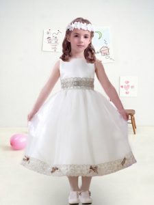 Tea Length White Toddler Flower Girl Dress Tulle Sleeveless Lace and Appliques and Belt