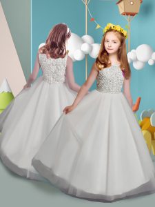 High Class Sleeveless Tulle Sweep Train Zipper Toddler Flower Girl Dress in White with Beading