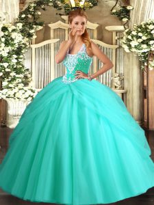 Apple Green Tulle Lace Up Straps Sleeveless Floor Length Quince Ball Gowns Beading and Pick Ups