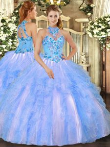 Spectacular Baby Blue Ball Gowns Organza Halter Top Sleeveless Embroidery and Ruffles Floor Length Lace Up Quinceanera G