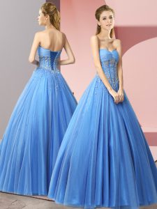 Floor Length Lace Up Baby Blue for Prom and Party with Beading