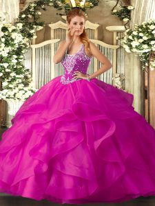 Cheap Fuchsia Tulle Lace Up Quinceanera Gown Sleeveless Floor Length Beading and Ruffles