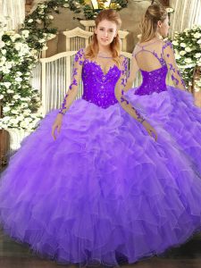 Lavender Scoop Lace Up Lace and Ruffles Quince Ball Gowns Long Sleeves
