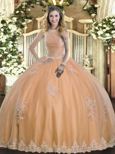 Peach Ball Gowns Tulle High-neck Sleeveless Beading and Appliques Floor Length Lace Up Quinceanera Dresses