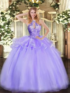 Popular Lavender Organza Lace Up Halter Top Sleeveless Floor Length 15th Birthday Dress Beading