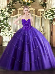 Purple Ball Gowns Appliques Vestidos de Quinceanera Lace Up Tulle Sleeveless Floor Length