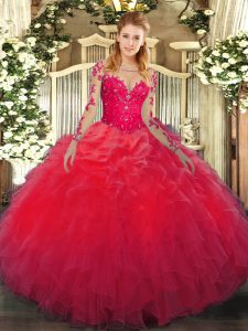 Floor Length Ball Gowns Long Sleeves Red Quinceanera Gowns Lace Up