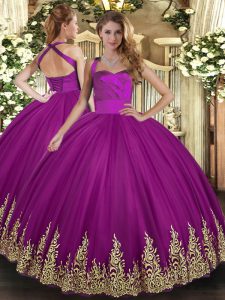 Appliques 15th Birthday Dress Fuchsia Lace Up Sleeveless Floor Length