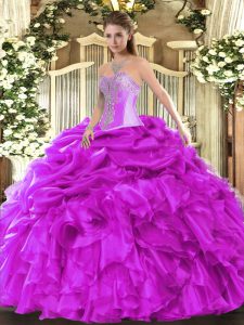 Customized Fuchsia Sleeveless Floor Length Beading and Ruffles and Pick Ups Lace Up Quince Ball Gowns