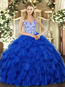 Straps Sleeveless 15 Quinceanera Dress Floor Length Beading and Ruffles Royal Blue Organza