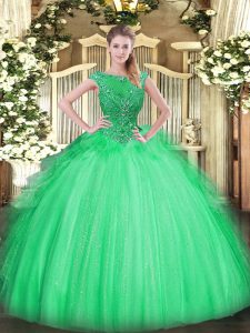 Dazzling Apple Green Zipper Scoop Beading and Ruffles Quinceanera Gown Tulle Sleeveless