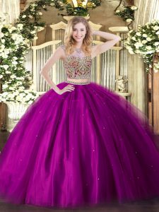 Fuchsia Scoop Lace Up Beading 15th Birthday Dress Sleeveless