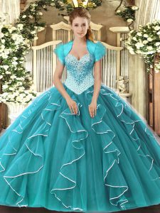 Teal Ball Gowns Beading 15th Birthday Dress Lace Up Tulle Sleeveless Floor Length