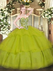 Unique Sleeveless Tulle Floor Length Lace Up Ball Gown Prom Dress in Olive Green with Beading and Ruffled Layers