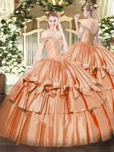 Decent Off The Shoulder Sleeveless Sweet 16 Quinceanera Dress Floor Length Beading and Ruffled Layers Orange Red Organza