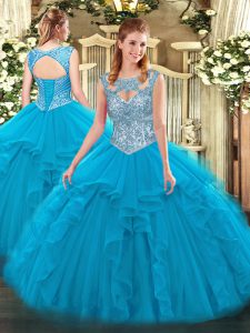 Blue Sleeveless Beading and Ruffles Floor Length Sweet 16 Dress
