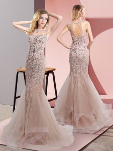 Cute Zipper Dress for Prom Champagne for Prom and Party with Beading and Ruffles Sweep Train