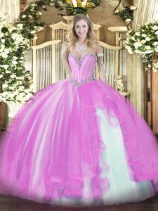 Super Lilac Sleeveless Floor Length Beading and Ruffles Lace Up Ball Gown Prom Dress
