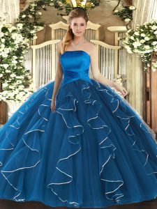 Blue Ball Gowns Strapless Sleeveless Tulle Floor Length Lace Up Ruffles 15 Quinceanera Dress