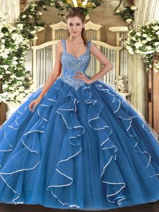 Free and Easy Blue V-neck Neckline Beading and Ruffles Quinceanera Gown Sleeveless Lace Up