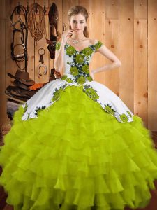 Olive Green Sleeveless Embroidery and Ruffled Layers Quinceanera Gown