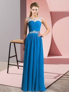 Blue Clasp Handle Prom Evening Gown Beading Sleeveless Floor Length